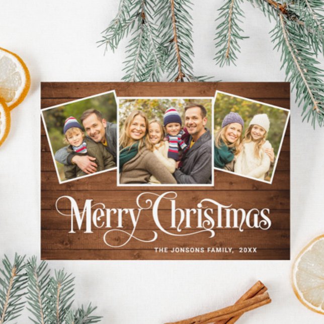 3 PHOTO Christmas Rustic Brown Wood Greeting Boho Holiday Card (Creator Uploaded)