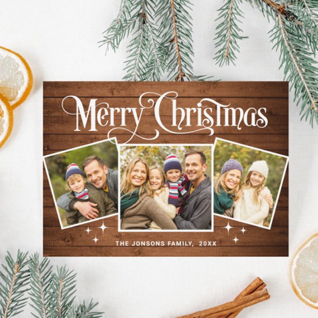3 PHOTO Christmas Rustic Brown Wood Greeting Boho Holiday Card (Creator Uploaded)