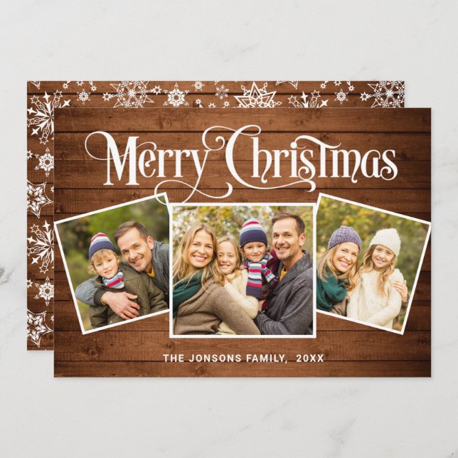 3 PHOTO Christmas Rustic Brown Wood Greeting Holiday Card (Front/Back)