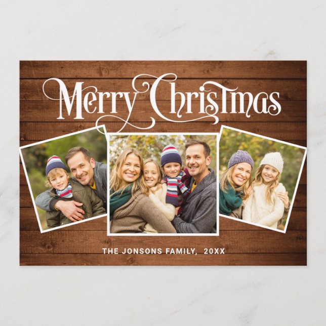 3 PHOTO Christmas Rustic Brown Wood Greeting Holiday Card (Front)