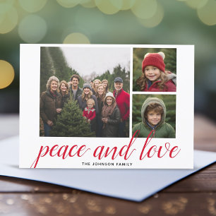 3 Photo Christmas Script Red Damask  Peace Love Holiday Card
