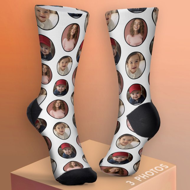 3 Photo Circle Border Collage - Black White Socks (Custom Socks with Photo Collage)