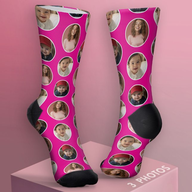 3 Photo Circle Border Collage - Pink White Socks (Custom Socks with Photo Collage)