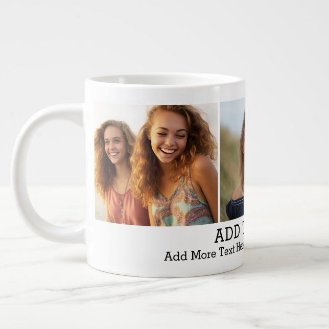 3 Photo Collage 2 Lines of Text -- Minimal, Simple Large Coffee Mug (Left)