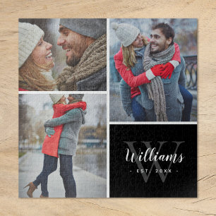 3 Photo Collage and Custom Monogram Black Jigsaw Puzzle