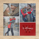 3 Photo Collage and Custom Monogram | Red Jigsaw Puzzle<br><div class="desc">Create a special personalized gift using photos of your wedding, travel, grandkids, pets, or other fun memories printed onto a puzzle. This design features a photo collage template with 3 pictures and your monogram name, initial and established date. Use the design tools to edit the text, choose any background colors...</div>