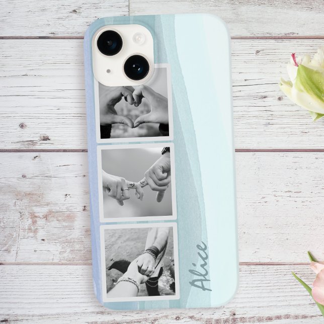 3 Photo Collage and Name Trendy Aqua Blue  Case-Mate iPhone Case (Upload your 3 photos to this serene aqua blue phone case and add your name)