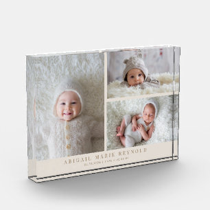 3 Photo Collage Beige New Baby Keepsake  Block