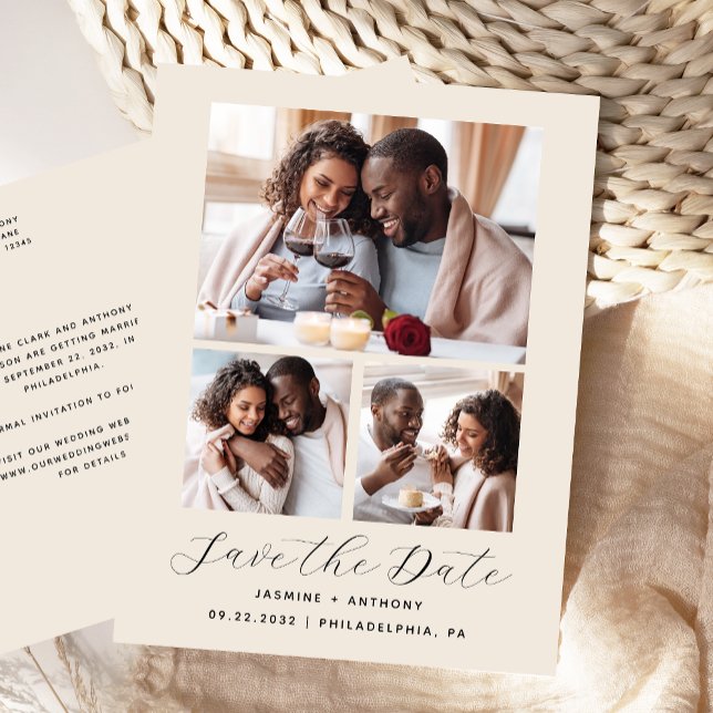 3-Photo Collage Beige Save the Date Postcard (Creator Uploaded)