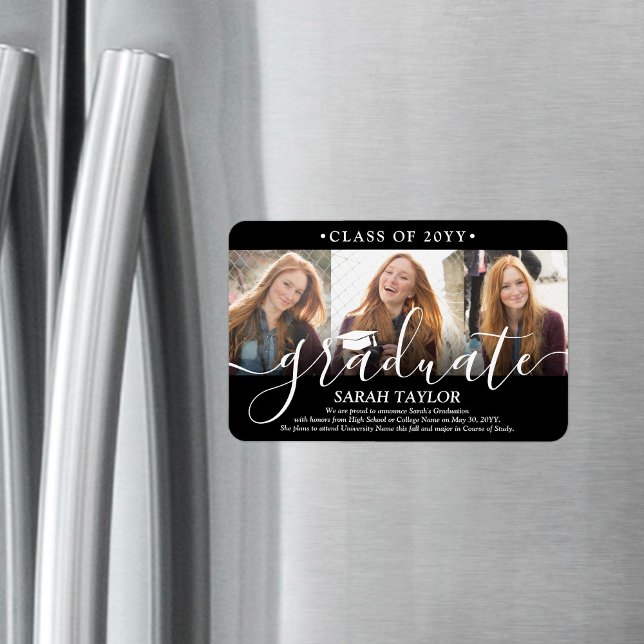 3 Photo Collage Black Graduation Announcement Magnet (Creator Uploaded)