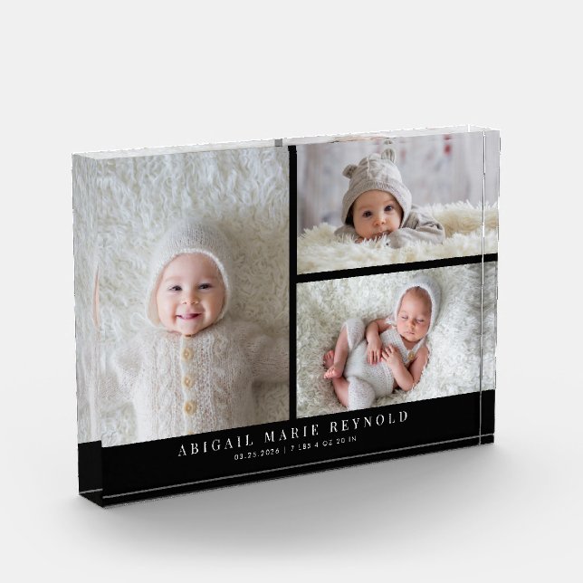 3 Photo Collage Black New Baby Keepsake  Block (Left)