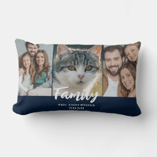 3 Photo Collage Blue Family Name Year Lumbar Cushion