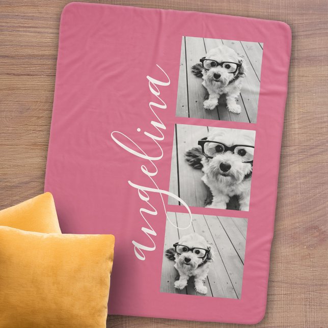 3 Photo Collage CAN EDIT background pink Sherpa Blanket (Personalized sherpa blanket with photos and text)