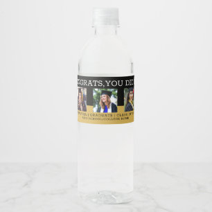 3 Photo Collage Congrats Grad Black And Gold Water Bottle Label