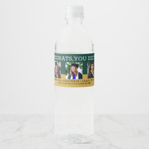 3 Photo Collage Congrats Grad Green And Gold Water Bottle Label