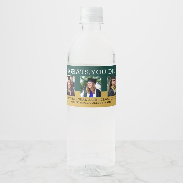 3 Photo Collage Congrats Grad Green And Gold   Water Bottle Label (Front)