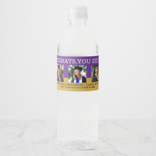 3 Photo Collage Congrats Grad Purple and Gold Water Bottle Label