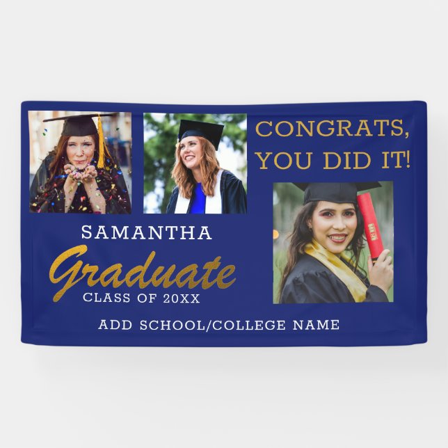 3 Photo Collage Congrats Graduate 2022 Blue Gold  Banner (Horizontal)