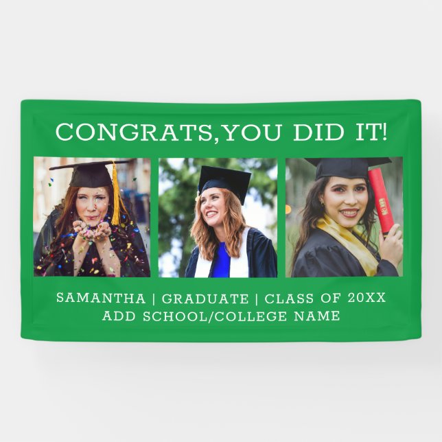 3 Photo Collage Congrats Graduate Graduation Green Banner (Horizontal)