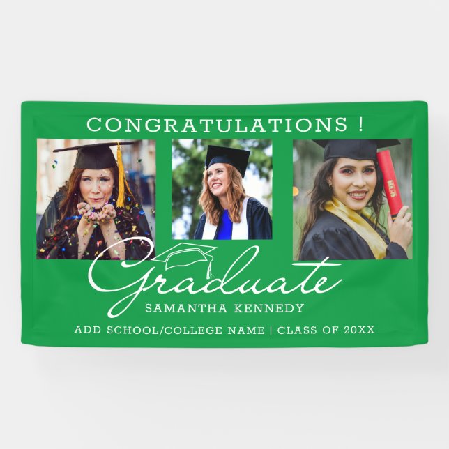3 Photo Collage Congratulations Grad 2023 Green Banner (Horizontal)
