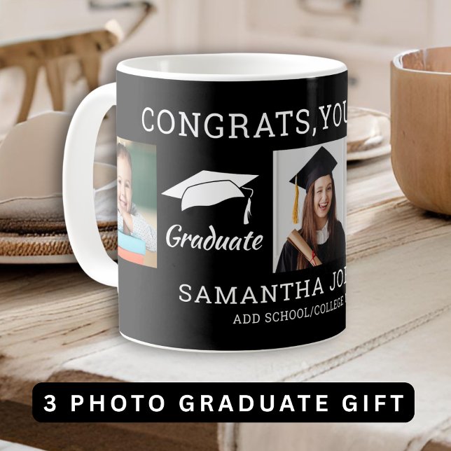 3 Photo Collage Congratulations Grad 2025 Black Coffee Mug (3 Photo Collage Congratulations Grad 2025 Black Coffee Mug)