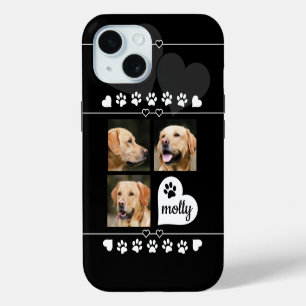 3 Photo Collage Dog Name Black and White Heart iPhone 15 Case