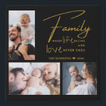 3 Photo Collage Family Quote Black And Gold Faux Canvas Print<br><div class="desc">A modern and trendy canvas art in black and gold to personalise with 3 favourite family pictures. The quote on family -- 'Family-where life begins and love never ends' in gold looks classy. Add family name and established year.
Makes an unique gift for all occasions.</div>
