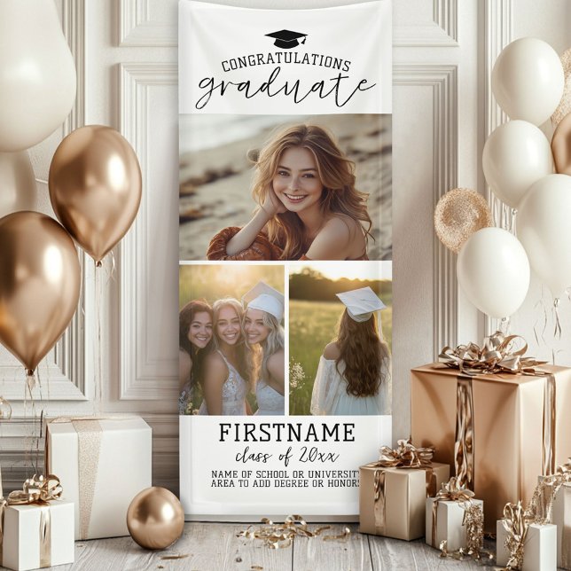 3 Photo Collage Graduation Modern Minimal White Banner (Custom Graduation Photo Banner - Great backdrop and Graduation Party Decoration)