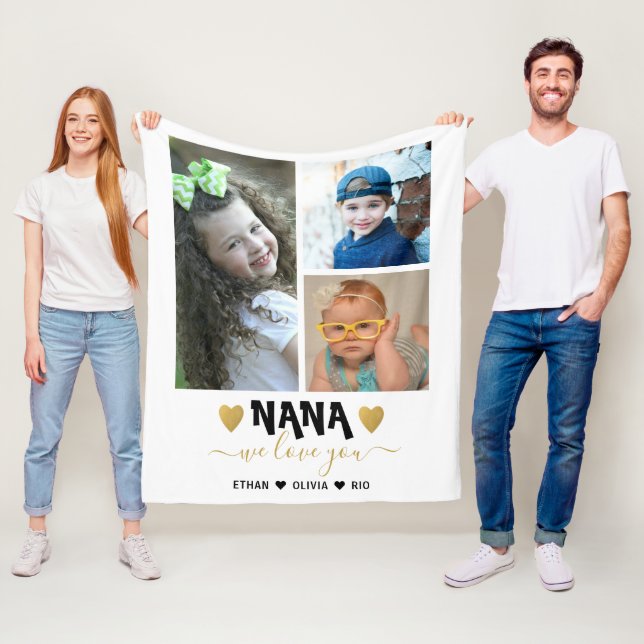 3 Photo Collage Grandkids Names We Love You Nana  Fleece Blanket (In Situ)