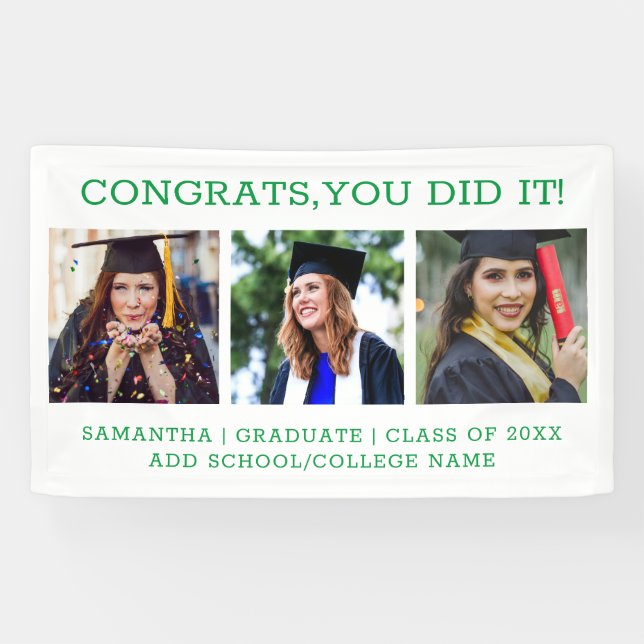 3 Photo Collage Green Congrats Graduate 2023 White Banner (Horizontal)
