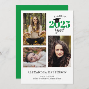3 Photo Collage Green Graduation Party Invitation