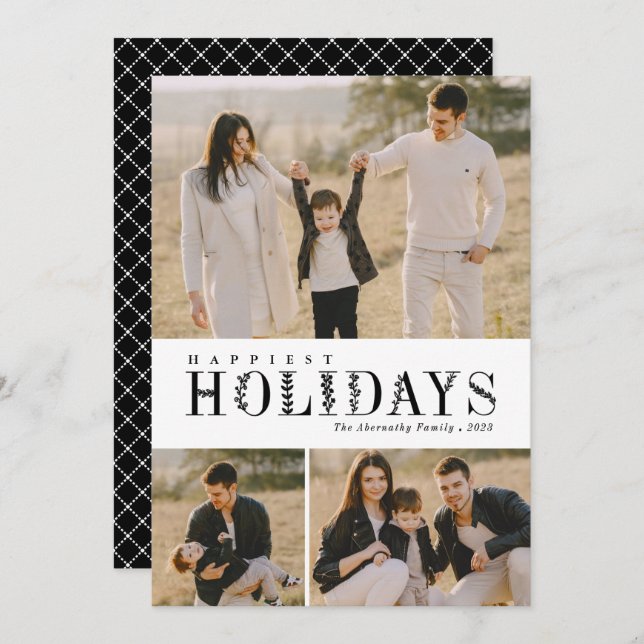 3 Photo Collage Greenery Letters Happiest Black Holiday Card (Front/Back)