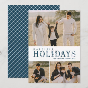 3 Photo Collage Greenery Letters Happiest Blue Holiday Card