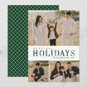3 Photo Collage Greenery Letters Happiest Green Holiday Card