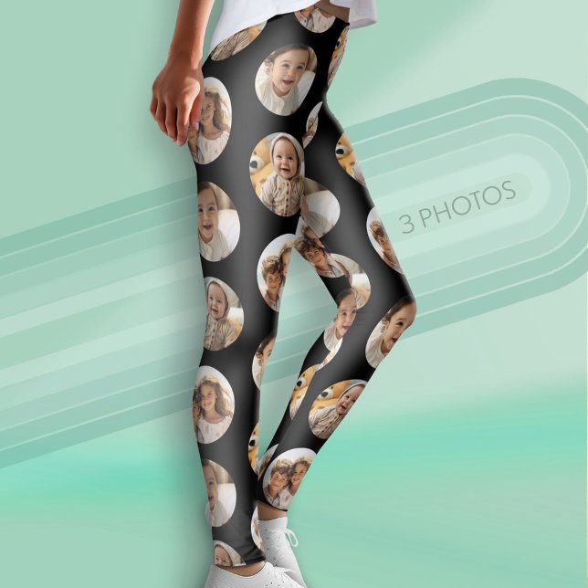 3 Photo Collage Half Brick Pattern - Black Circle Leggings (Custom Leggings with Photo Collage)