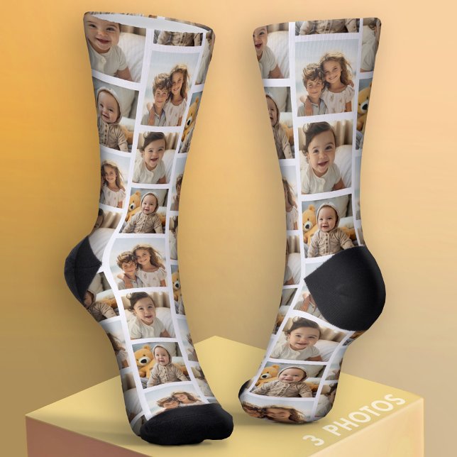 3 Photo Collage Half Brick Pattern - White Socks (Custom Socks with Photo Collage)