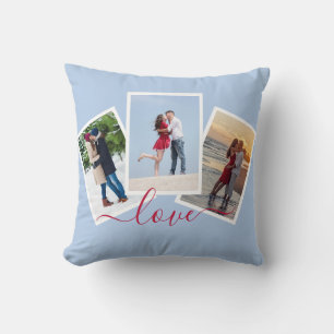 3 Photo Collage Love Red Script Light Blue Cushion