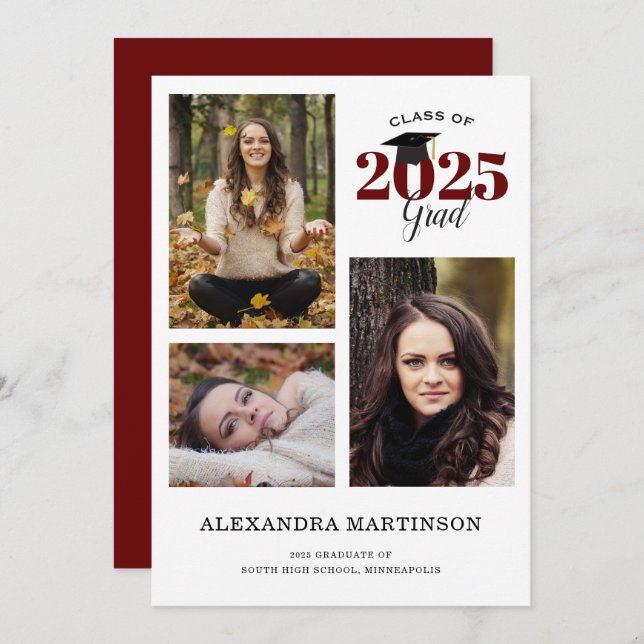 3 Photo Collage Maroon Graduation Invitation (Front/Back)