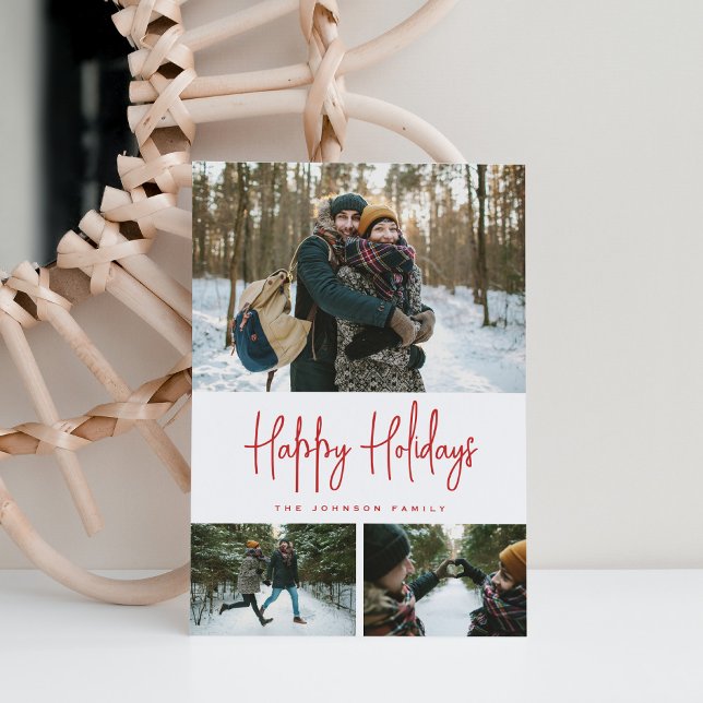 3 Photo Collage Minimalist Modern White Red Holiday Card (Creator Uploaded)
