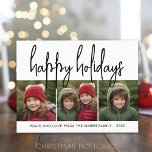 3 Photo Collage Mod Script black white - Happy Holiday Postcard<br><div class="desc">A merry and bright holiday greeting with a rustic script calligraphy font. A mid-century modern feel with a geometric pattern on the back. This non-traditional design is a fresh approach that will make your family photos stand out.</div>