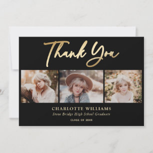 3 Photo Collage Modern Black Gold Graduation Thank You Card