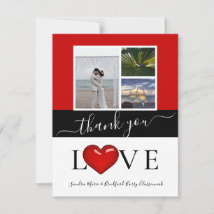 3 Photo collage  modern black red Thank You Card