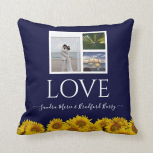 3 Photo collage modern black sunflower Wedding Cushion