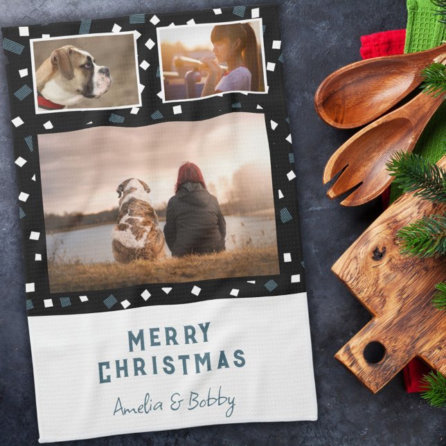 3 Photo Collage Modern Black White Blue Christmas Tea Towel (Creator Uploaded)