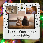 3 Photo Collage Modern Black White Christmas Ceramic Ornament<br><div class="desc">3 Photo Collage Modern Black White Christmas Ceramic Ornament. Black and white square pattern. Add 3 photos and names. It's a lovely Christmas keepsake for a family,  friends or pet owner.</div>