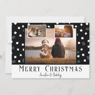 3 Photo Collage Modern Black White Christmas Holiday Card