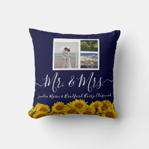 3 Photo collage modern blue sunflower Wedding Cushion