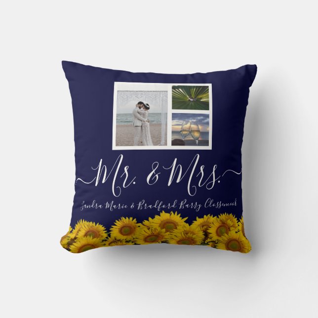 3 Photo collage modern blue sunflower Wedding  Cushion (Front)