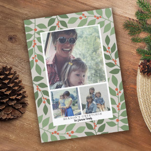 3 Photo Collage Modern Botanical Season's Greeting Holiday Card