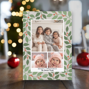 3 Photo Collage Modern Botanical Season's Greeting Holiday Card